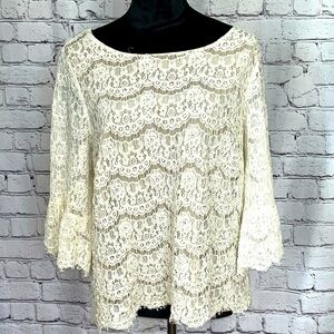 Rose + Olive Beige Lace Blouse, w/Nude Liner, 3/4 sleeve, Women's, size 1X